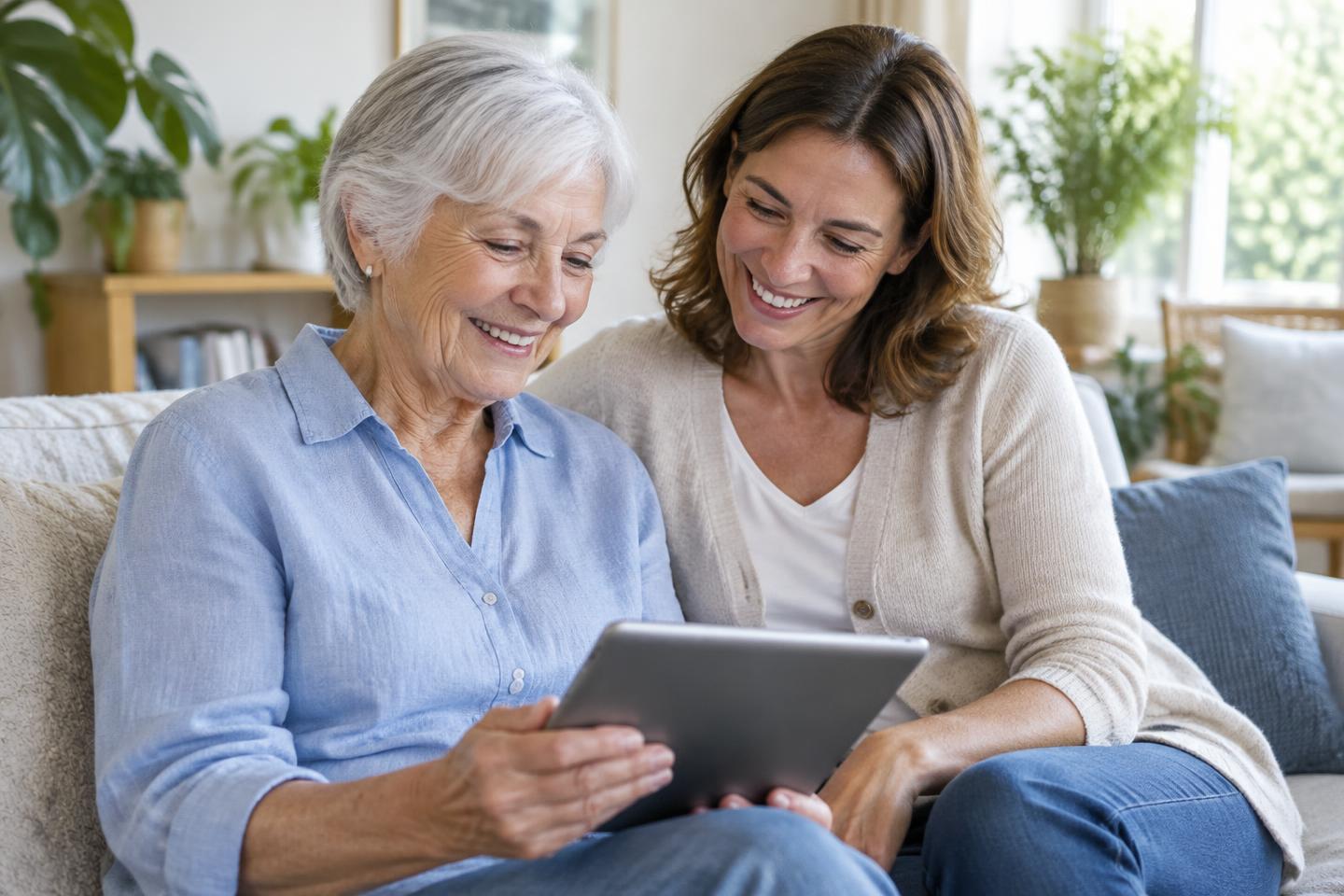 Two women enjoying learning to use a tablet together